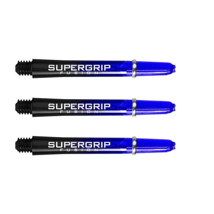 Three blue and black Supergrip Fusion dart shafts with silver rings, full product view on white background