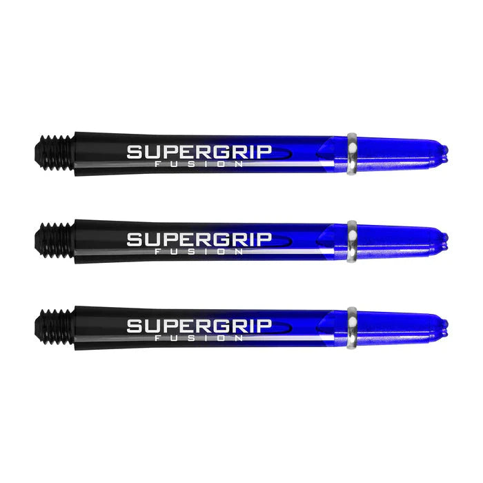 Set of three Supergrip Fusion dart shafts in blue and black, horizontal display, isolated on white background