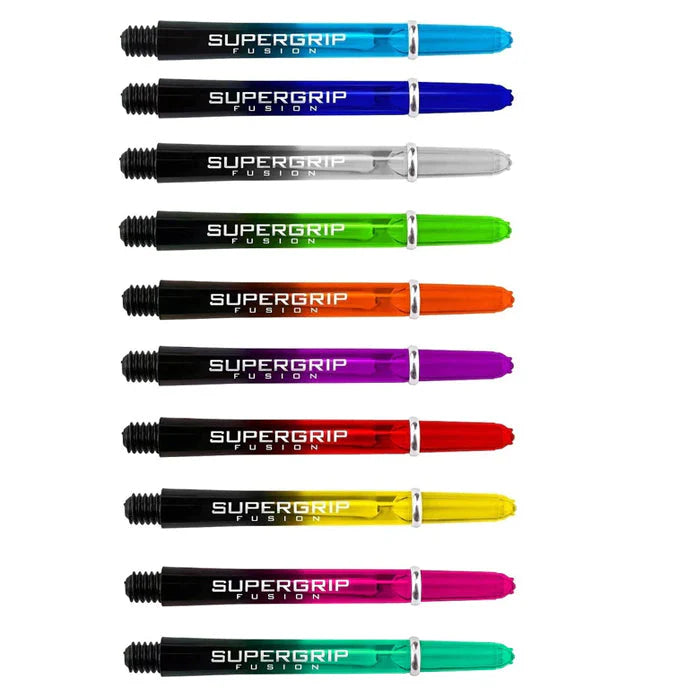 Ten Supergrip Fusion dart shafts in assorted colors displayed in a row on white background showing machined rings and color variety