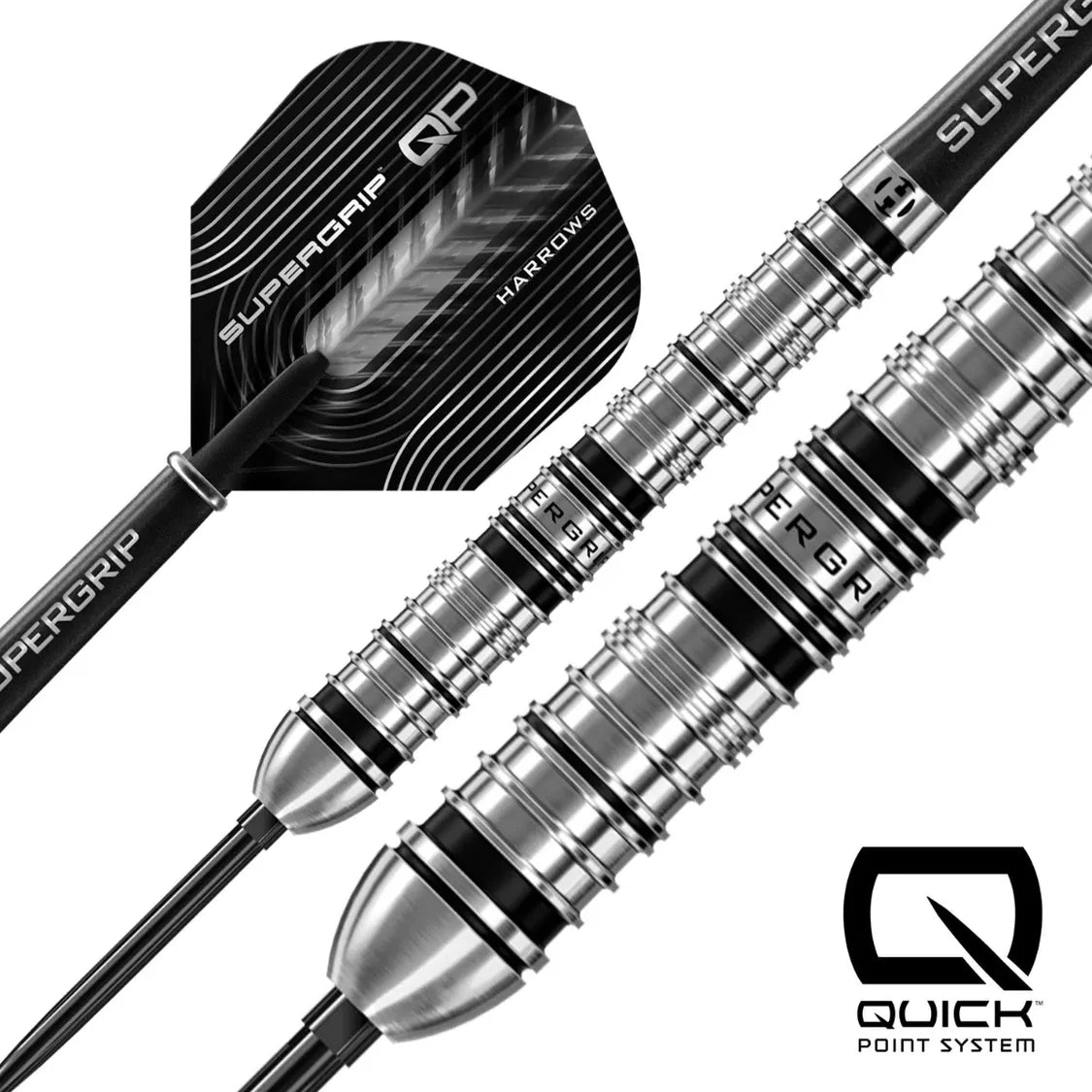 Close-up of three 90% tungsten darts showing Supergrip tapered barrels, ring grip texture, and black QP flights, isolated on white background