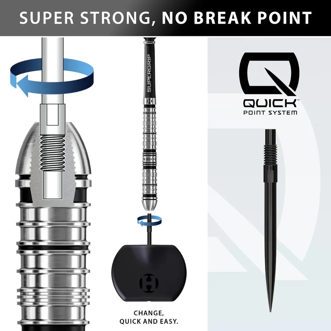 Diagram of 90% tungsten dart with close-up on threaded point system, full dart view, showing quick-change feature for strong, durable dart points