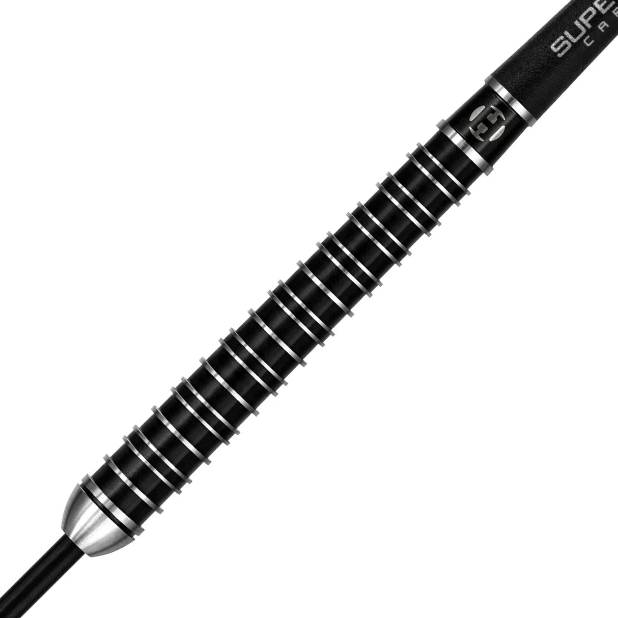 Close-up of 90% tungsten dart barrel with precision black rings and Supergrip Ultra machined grip texture