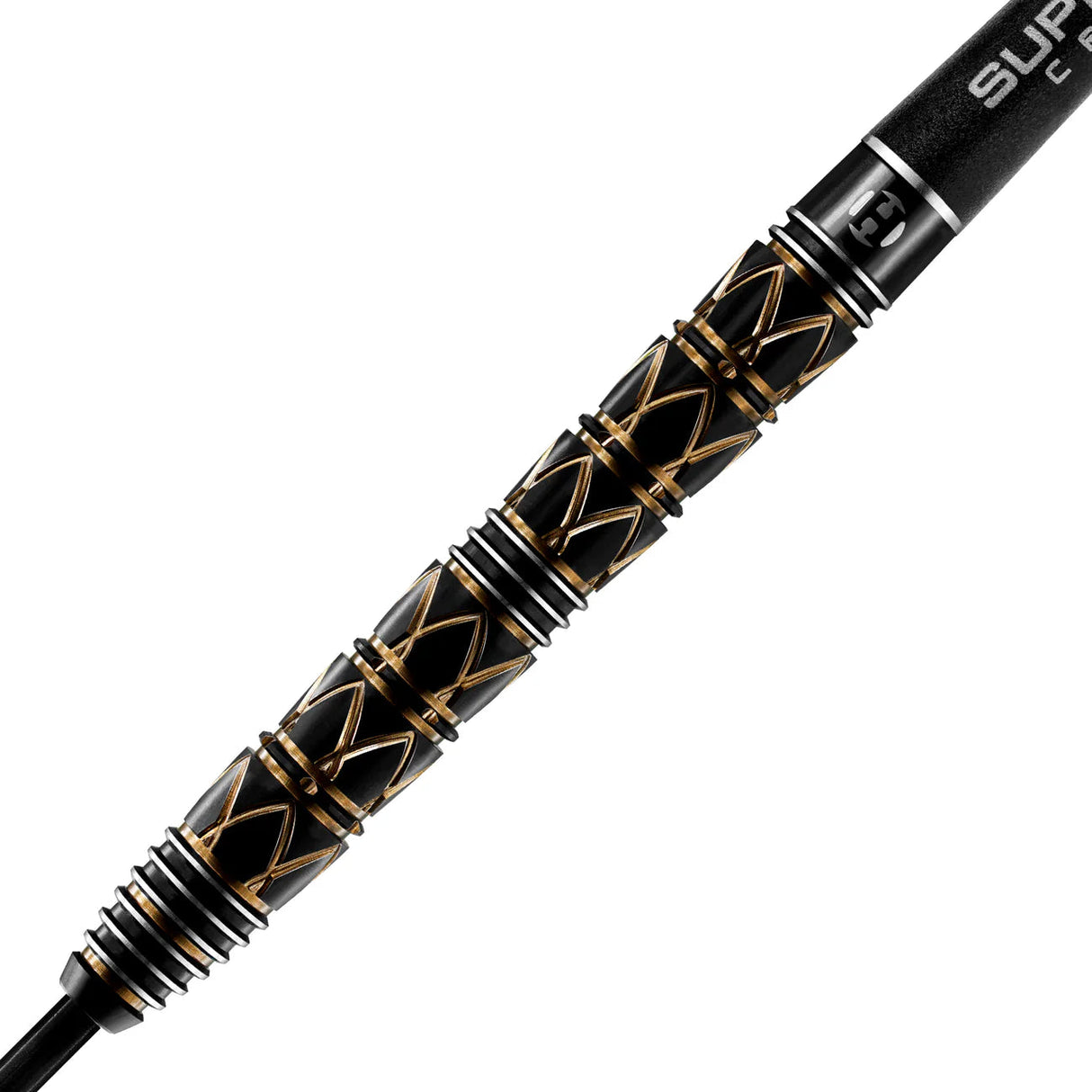 Close-up of 90% tungsten dart barrel showing detailed black and gold grip pattern and precision CNC-machined rings on white background