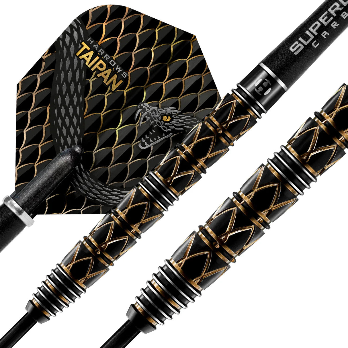 Macro close-up of 90% tungsten darts showing detailed black and gold CNC grip and snake pattern flight, ideal for precision dart players