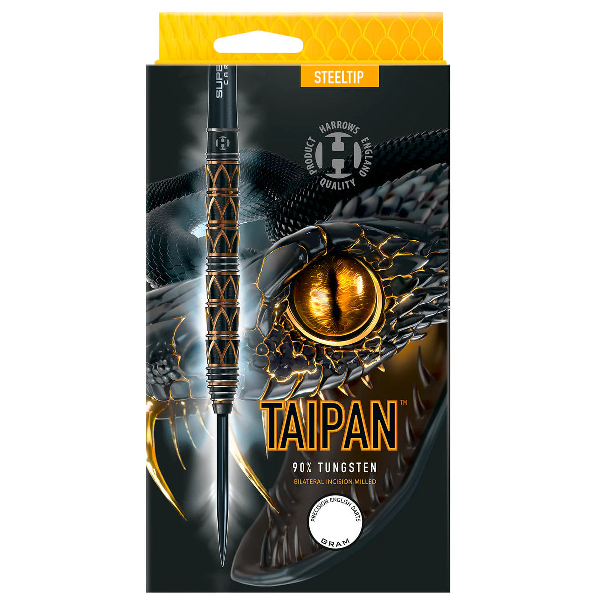 Steel tip tungsten dart displayed in retail box with textured grip, intricate barrel design, and bold snake eye graphic on packaging
