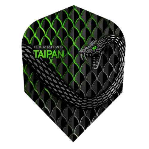 Close-up dart flight with green and black snake scale pattern, Taipan text, and snake graphic, ideal for steel tip and soft tip darts