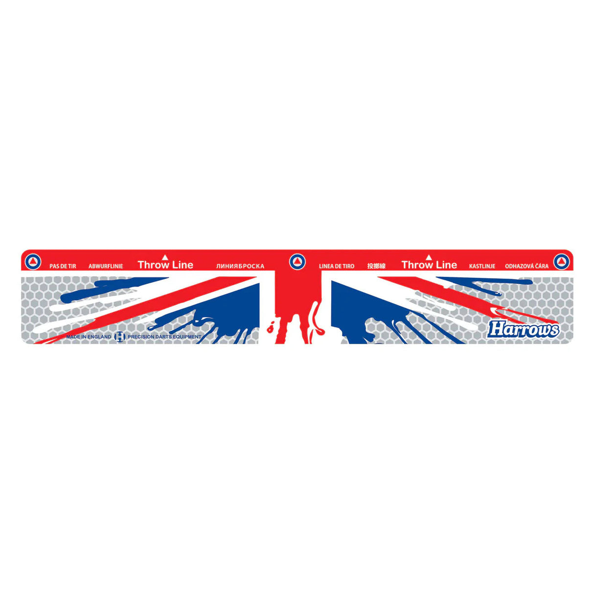 Full view Union Jack darts oche throw line mat isolated on white background with throw line markings and multilingual text