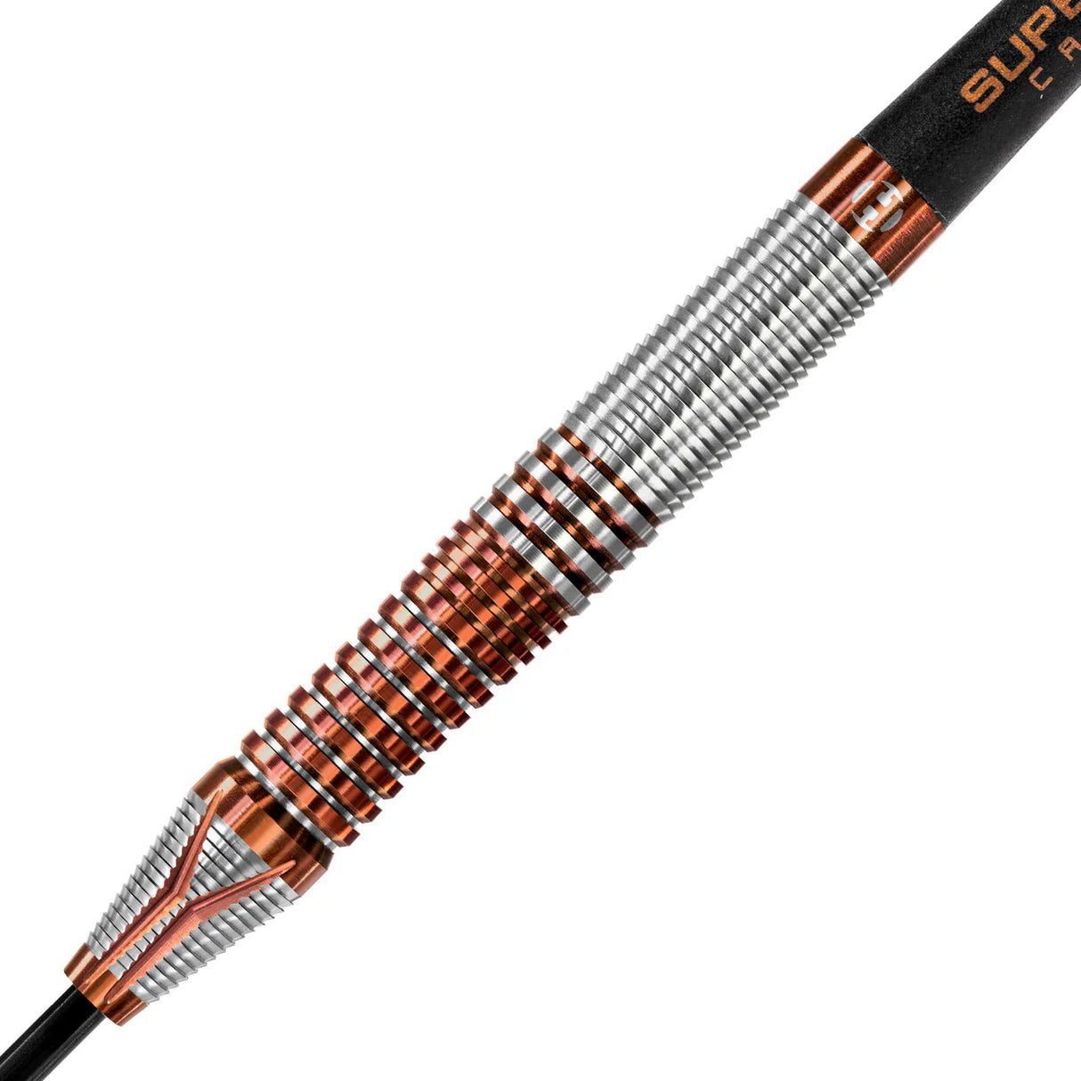 Macro close-up of tungsten dart barrel highlighting grooved grip texture and silver-copper color rings, ideal for precision throwing.