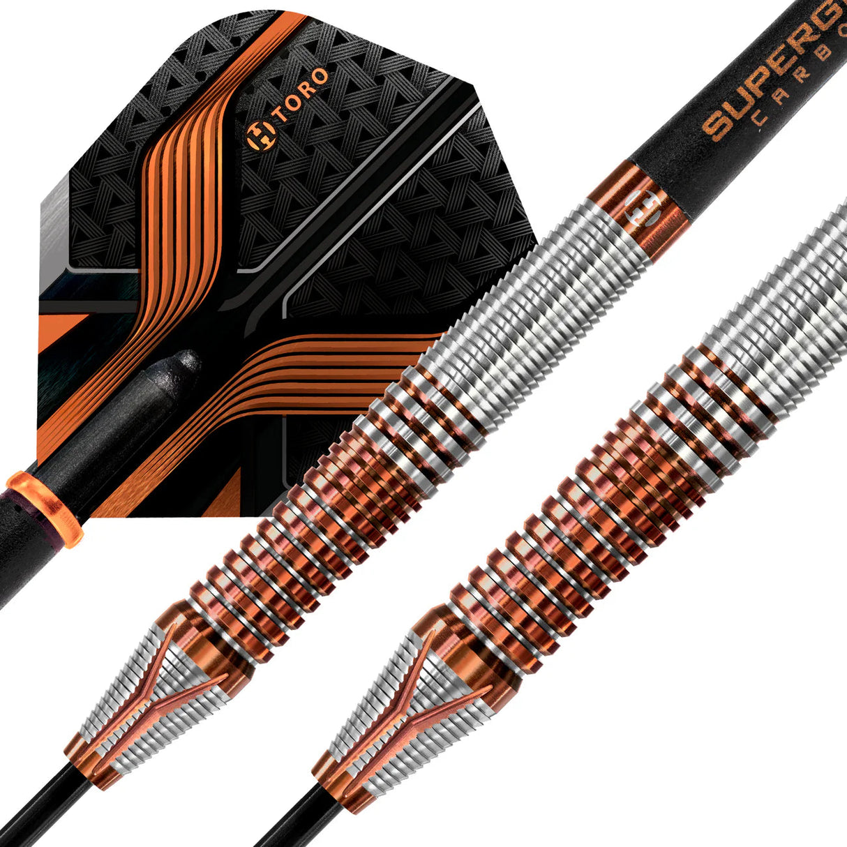 Close-up macro of 90% tungsten darts with precision ring grip and geometric black-orange flight, ideal for advanced dart players.