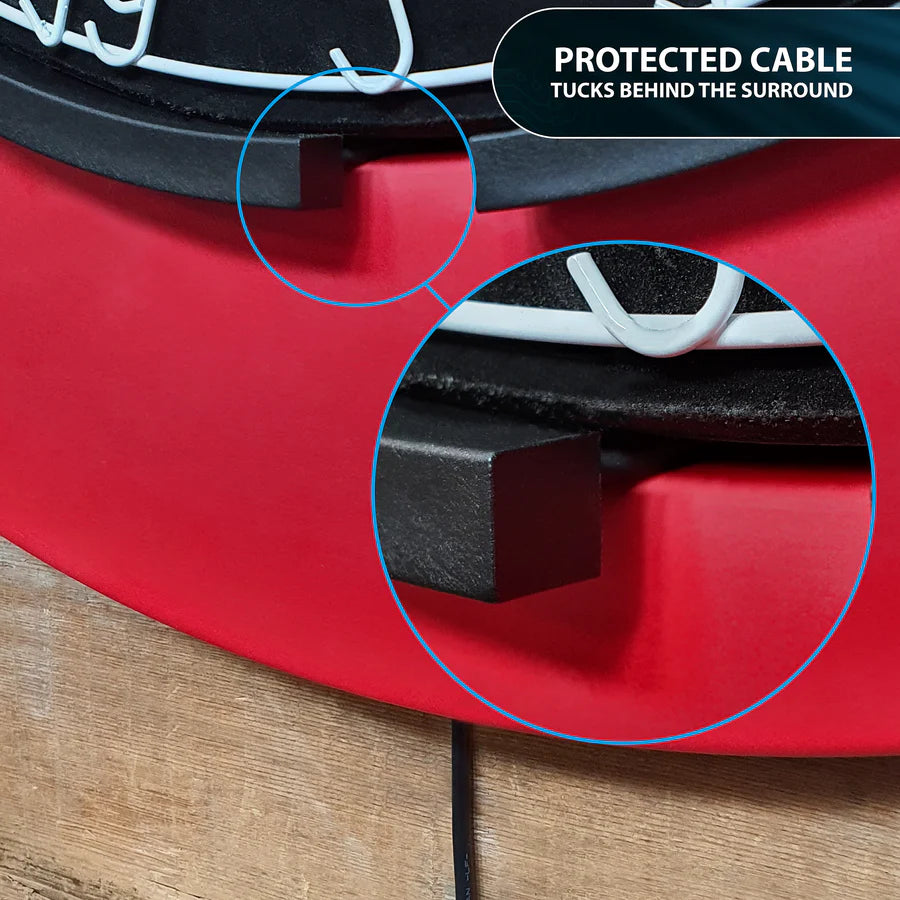 Close-up of dartboard light cable tucked behind red surround with magnified inset highlighting protected cable management
