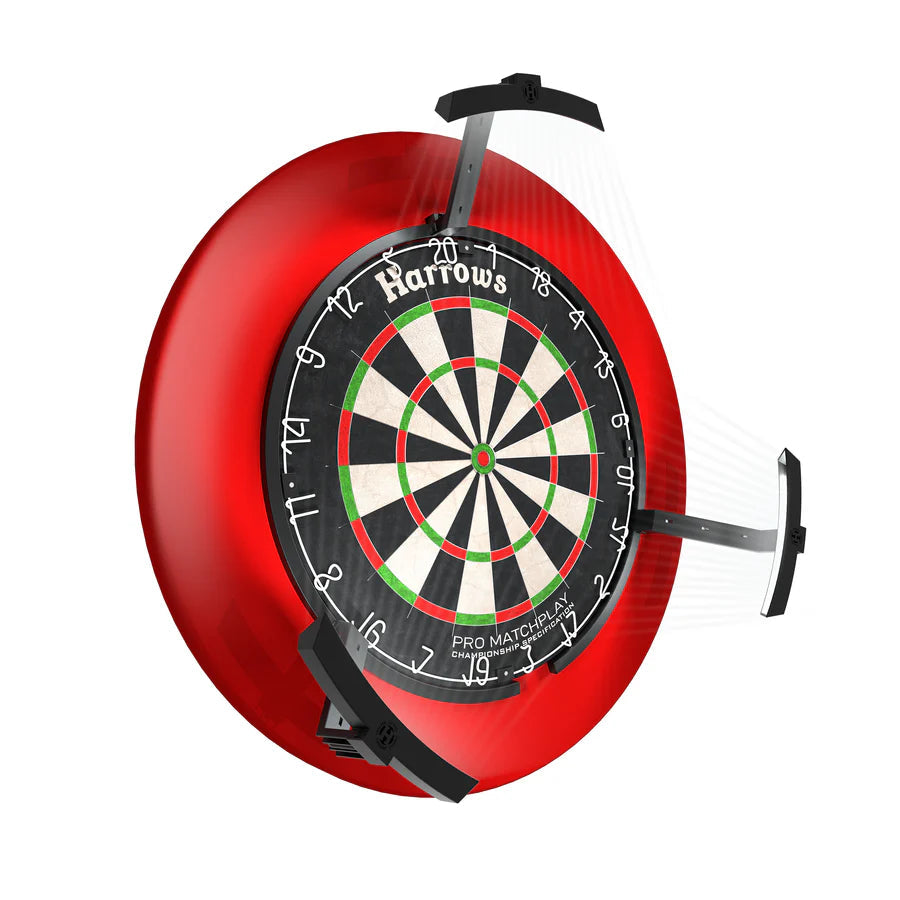 Angled view dartboard with LED lighting ring and three light arms, showing even dartboard illumination, isolated on white