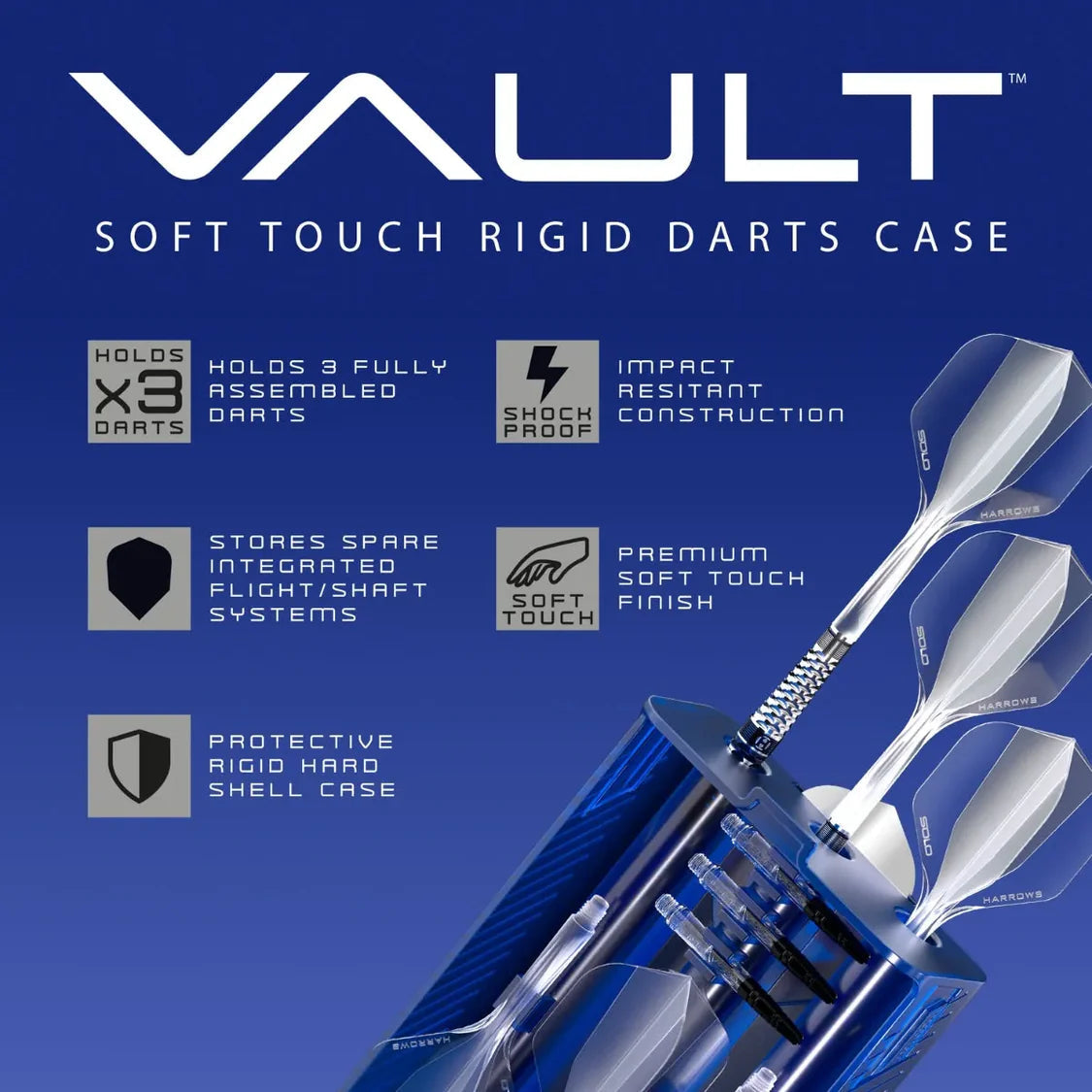 Angled view of blue dart case open with three assembled darts and spare flights, soft touch rigid shell, shockproof dart storage