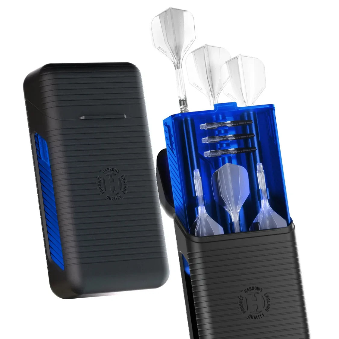 Angled view of blue dart case open to show dart storage for assembled darts, flights, and spare stems, alongside closed case on white background