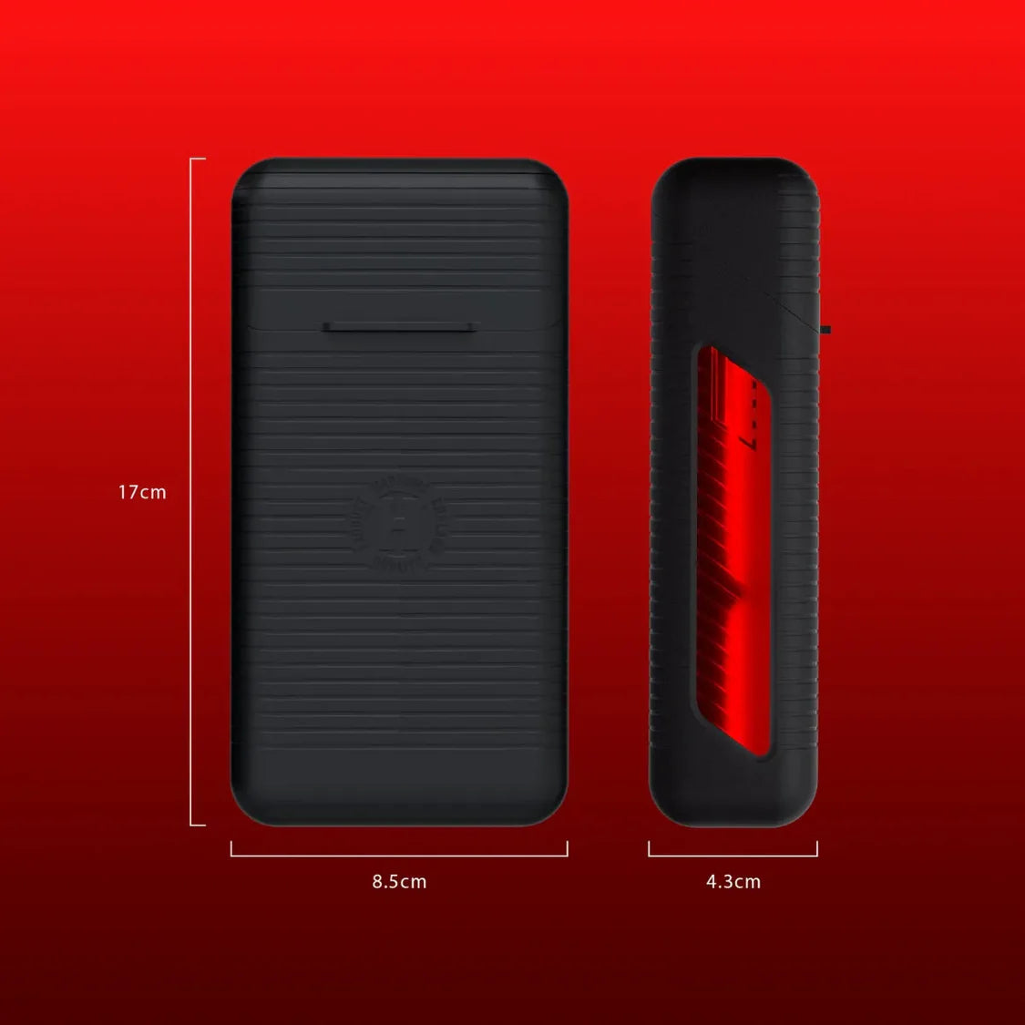 Vault Red dart case front and side views on red background, textured shell with internal red accent, size dimensions shown for dart storage