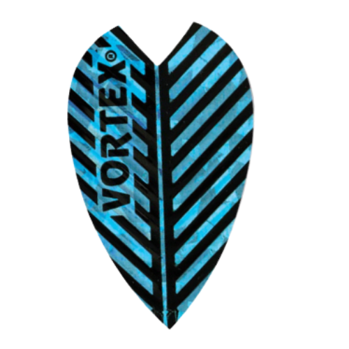 Vortex blue feather dart flight close-up on white background showing chevron pattern and textured 100 micron material