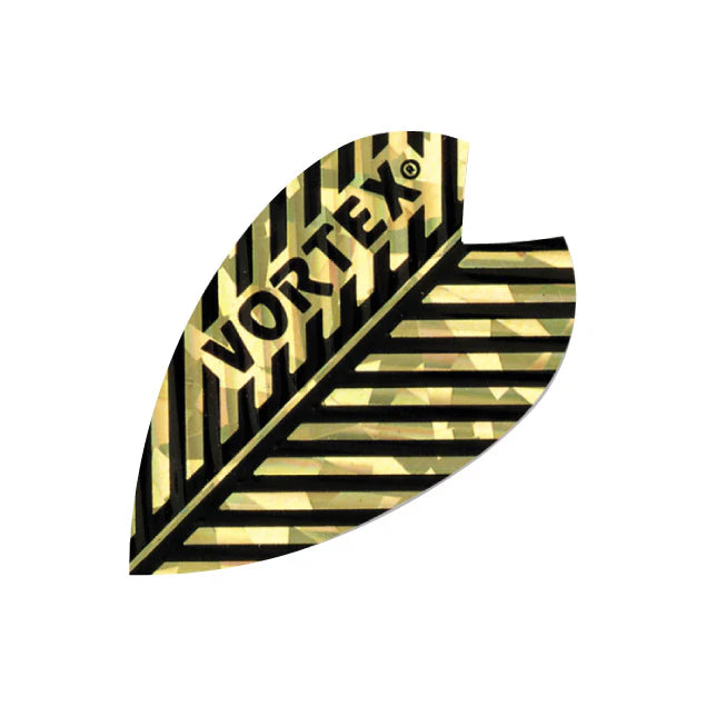 Gold Vortex feather dart flight with holographic pattern and black VORTEX lettering, isolated on white background