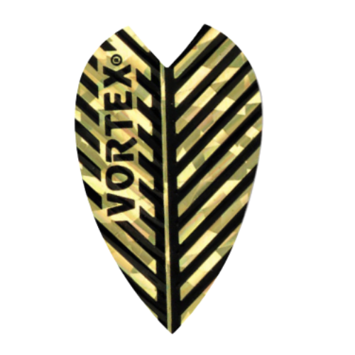 Single gold Vortex dart flight with chevron feather design and VORTEX text, full product view on white background