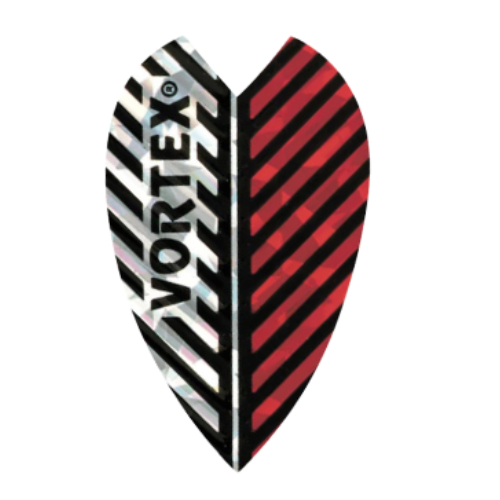 Single Vortex Red feather dart flight full view, striped red and silver pattern, isolated on white for darts accessories