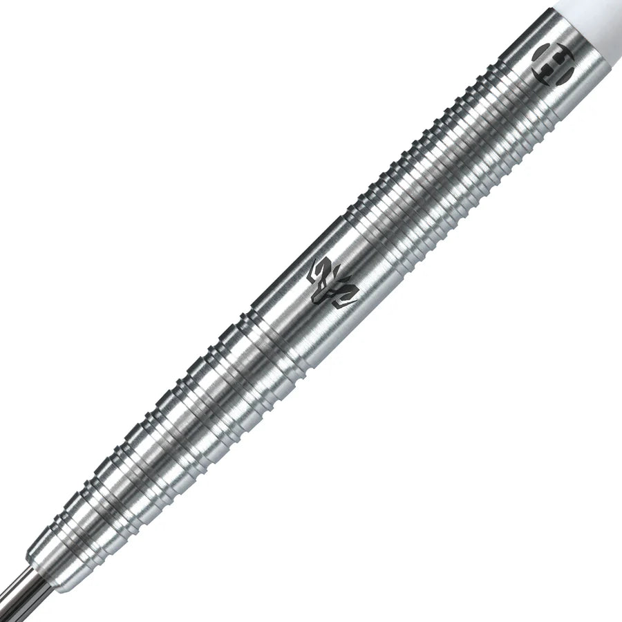 Close-up angled view of 97 percent tungsten dart barrel with knurled grip rings and engraved logo on white background