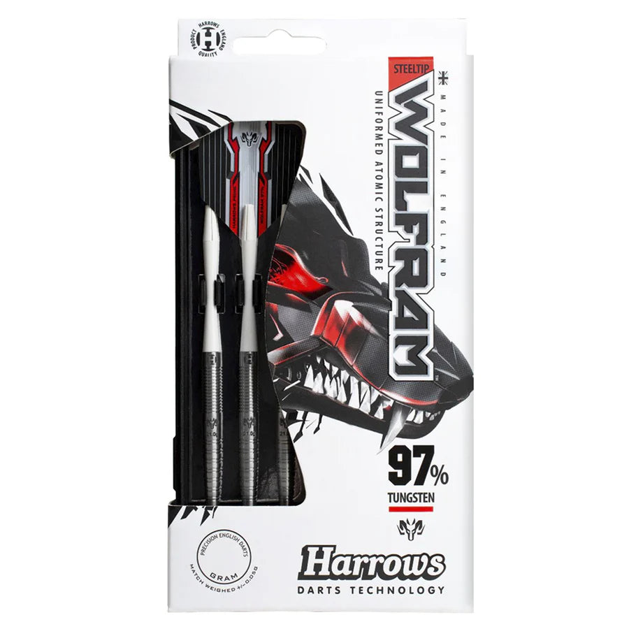 Steel tip tungsten darts set in retail packaging showing three darts with precision grip barrels and graphic flights