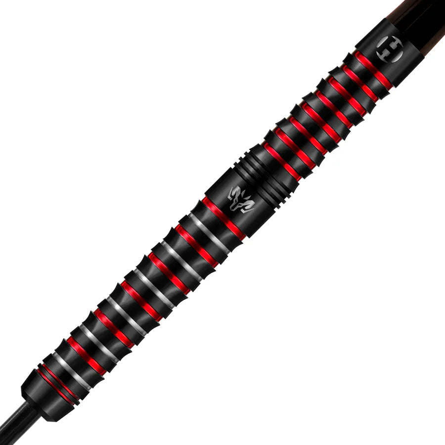 Close-up tungsten dart barrel with black and red ringed grip, highlighting precision knurling and barrel engravings on white background