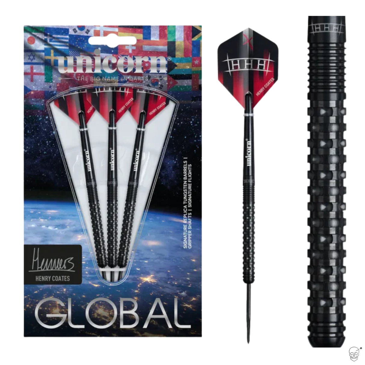 90% tungsten darts set in retail packaging with black knurled barrel detail and signature flights, full product and close-up views.