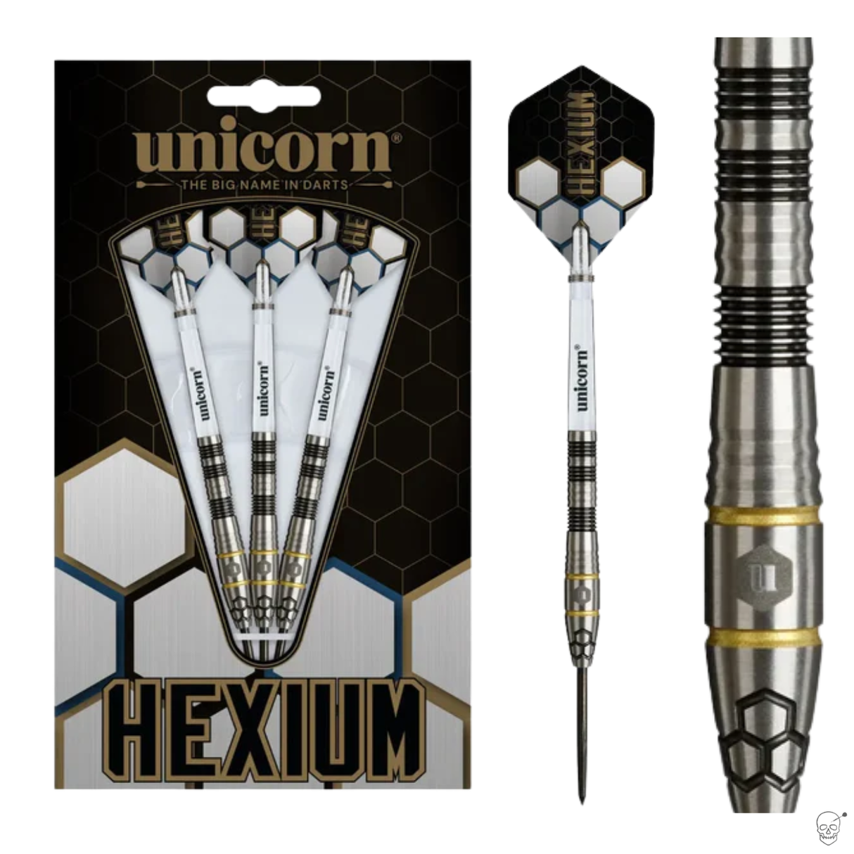 90% tungsten darts in retail packaging beside single dart close-up highlighting hexagonal flight, precision grip and barrel ringed texture