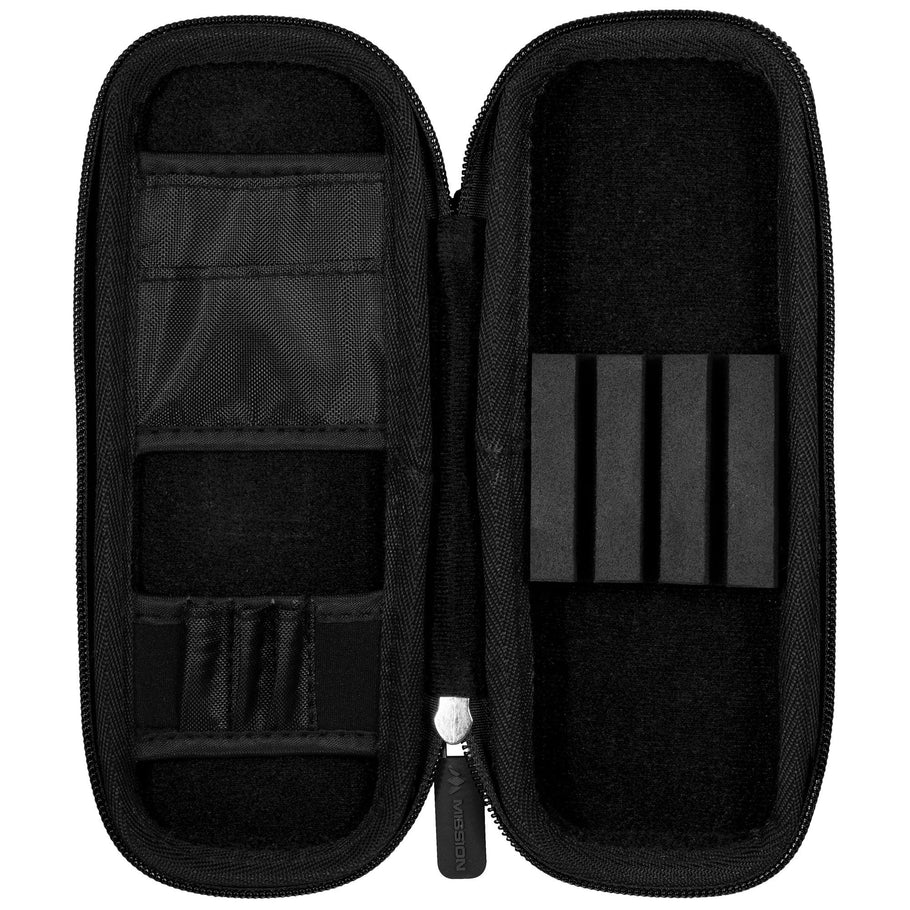 Open slim darts case top-down view displaying inner dart compartments and foam slot organizers for secure dart storage