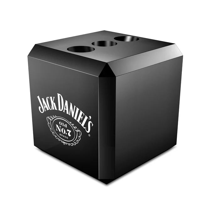 Angled view of black darts display cube with three dart slots, isolated on white background for dart storage organization.