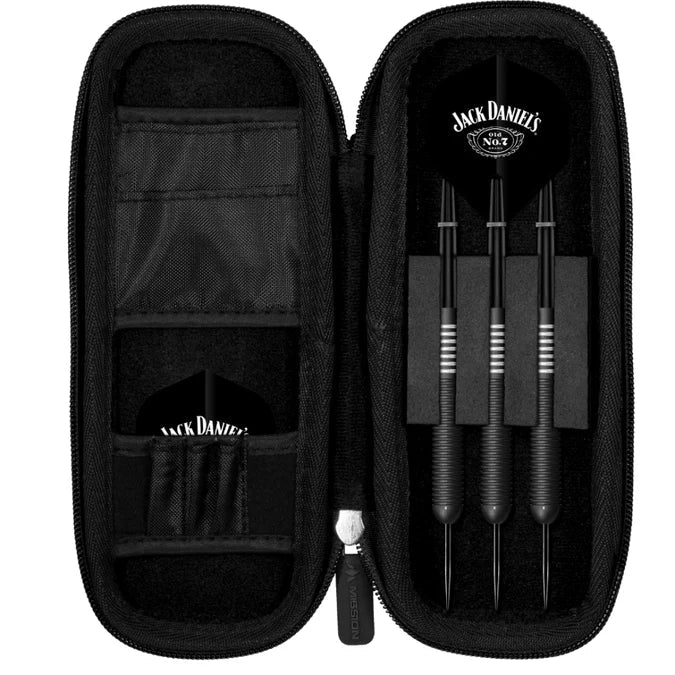 Top-down view of slim darts case with three assembled darts, black flights, and spare flights stored in interior mesh pockets