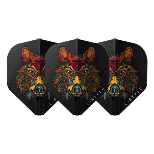 Three black standard dart flights with colorful wolf design, full product view, isolated on white background, arranged for display