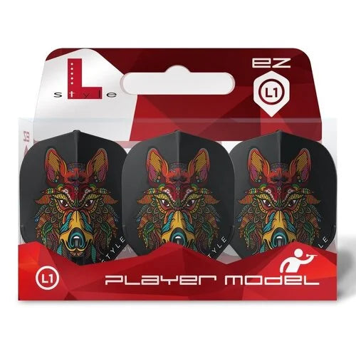 Three black L1 standard dart flights with colorful wolf design in retail packaging, displayed front-facing for dart accessories buyers