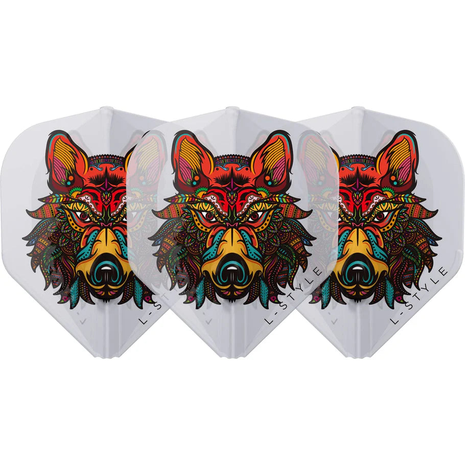 Three clear white standard dart flights with vibrant wolf design, full product view on white background, ideal for dart setup display.