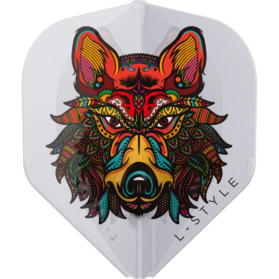 Standard clear white dart flight with vibrant tribal wolf design, full front view, isolated for dart accessories