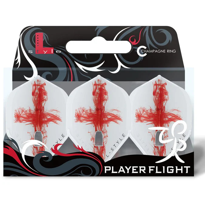 Three clear white standard dart flights with red pattern in retail packaging, full front display ideal for dart shaft compatibility