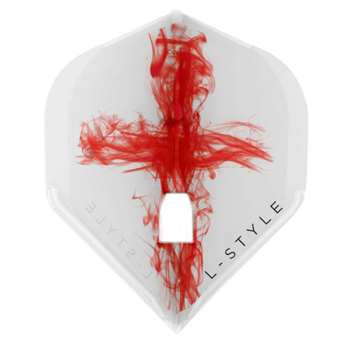 Standard clear white dart flight with red smoke cross design, full front view on white background, L1 shape for dart accuracy