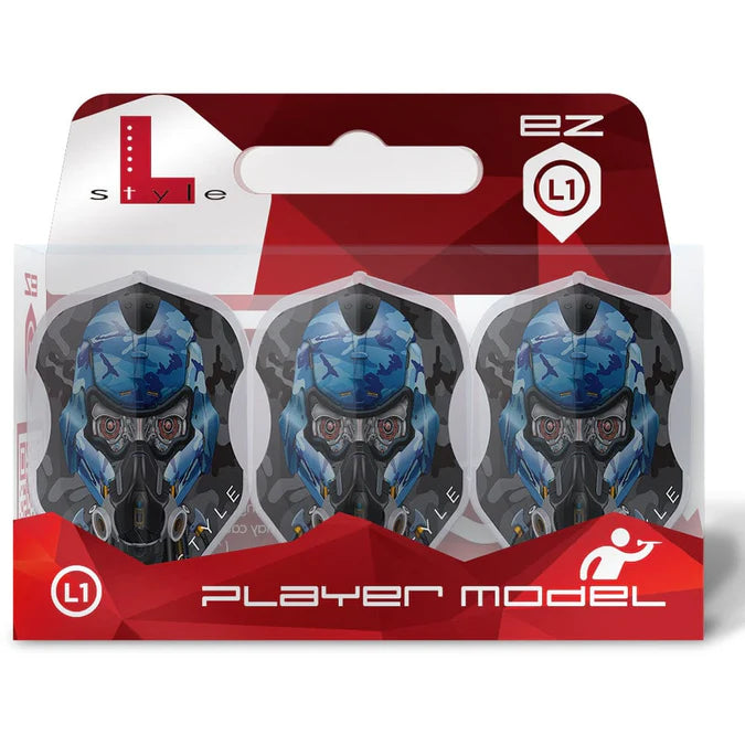 Standard dart flights set of three in retail packaging, front view, showing blue camo and helmet player graphic on L1 flights.