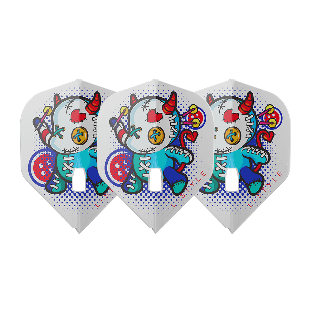 Three white standard L1 dart flights with vibrant Carole Frison cartoon design displayed side by side on white background