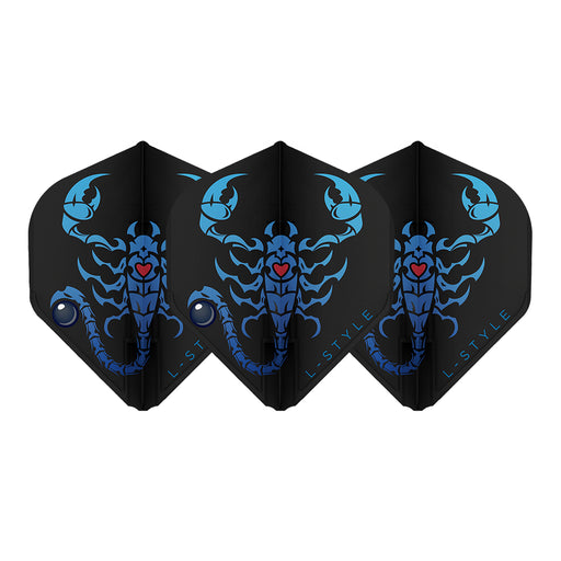 Three L-Style Deta Hedman V2 black standard dart flights with blue scorpion graphic displayed side by side on white background