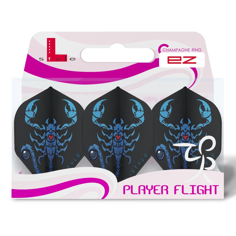Three black standard dart flights with blue scorpion design in retail packaging, front view, ideal for precise dart setup