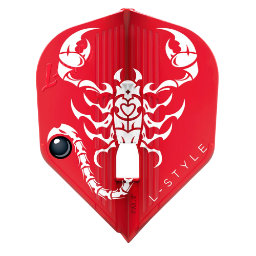 Red molded dart flight with white scorpion graphic, L3 shape, and Champagne Ring slot shown top-down on white background