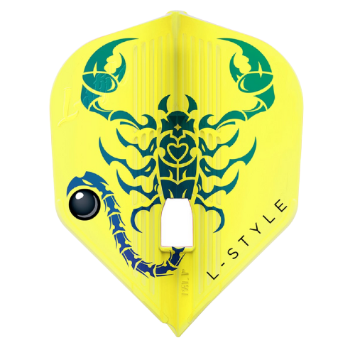Close-up of yellow molded dart flight with bold scorpion graphic, rigid L3 shape, isolated on white for dart accessories