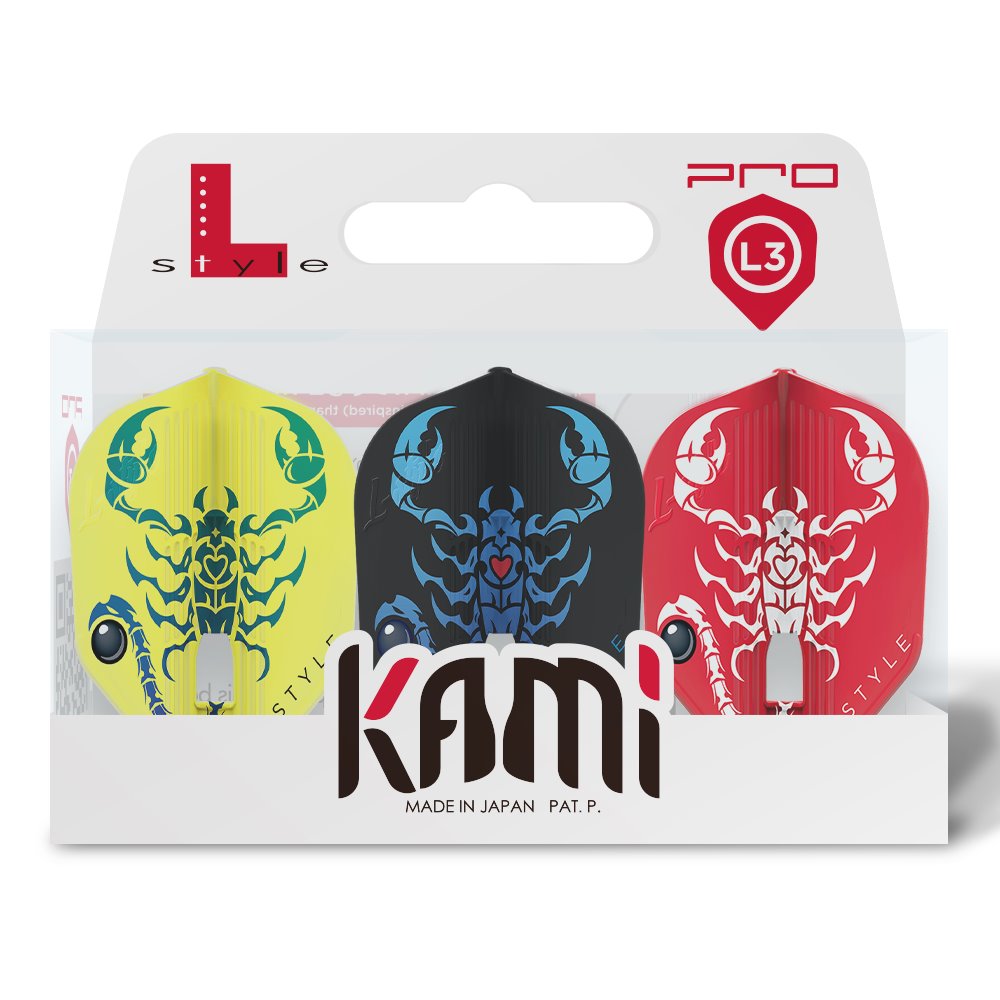 Packaged L3 Pro dart flights with yellow, black, and red scorpion designs, displayed front-facing for dart accessories buyers