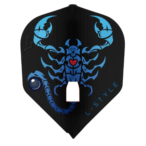 Close-up of L3 Kami dart flight with bold blue scorpion graphic, rigid molded plastic, and scale cutout for Champagne Rings.