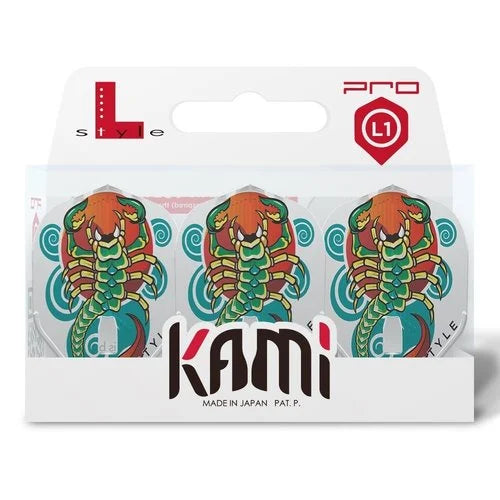 Three Deta Hedman V3 White Pro L1 Kami dart flights in retail packaging, colorful scorpion design visible, suitable for dart accessories