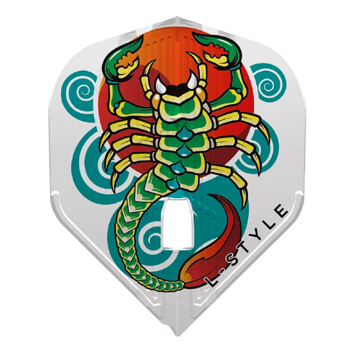 Single white dart flight with bold green scorpion design, full front view, standard L1 Kami shape for darts
