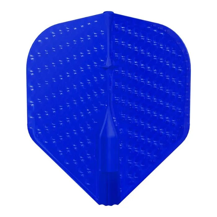 Single blue dimpled dart flight L1 EZ shape full view on white background, highlighting stability design and textured surface