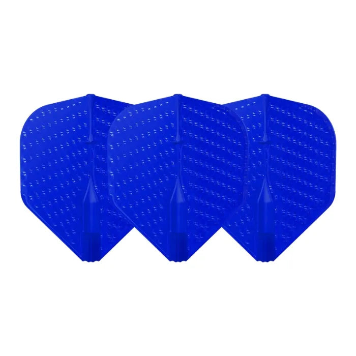Three blue L1 dimple dart flights full view, textured surface, arranged on white background for dart equipment buyers