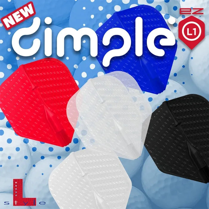 Top-down view of five L1 EZ Dimple dart flights in red, blue, black, and white, arranged to show dimpled texture design.