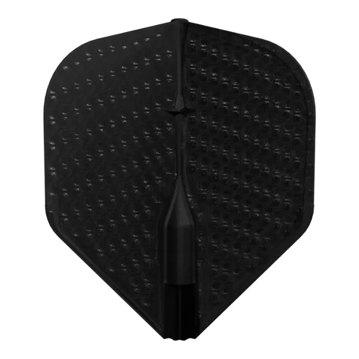 Black L1 dimple dart flight full view on white background highlighting textured dimples and sturdy spine design